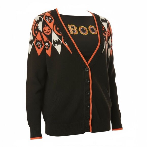 NWOT UNIQUE VINTAGE HALLOWEEN PUMPKIN ARGYLE BLACK CARDIGAN WOMEN'S XXL - Picture 1 of 12